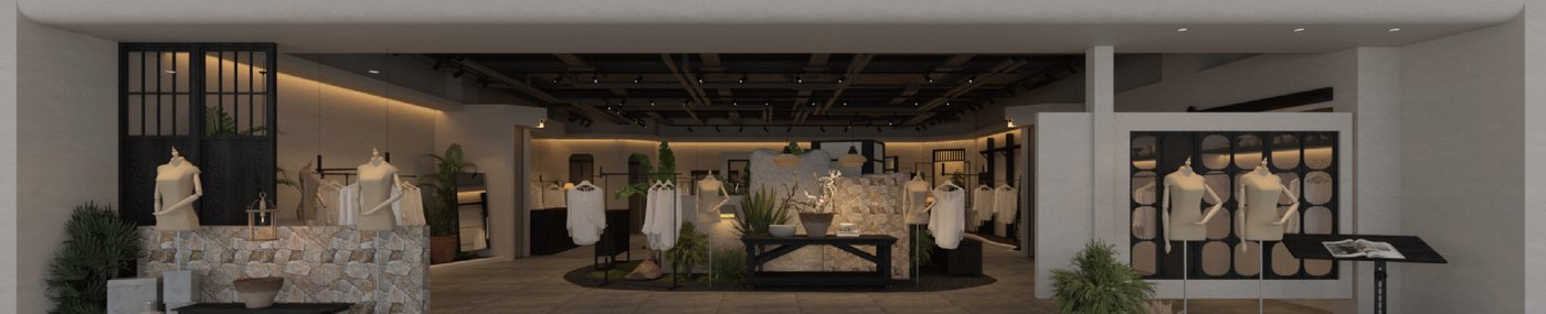 HERISLET 她屿 店铺主视角 — 木质陈列架、复古桌椅与绿植，柔和灯光
